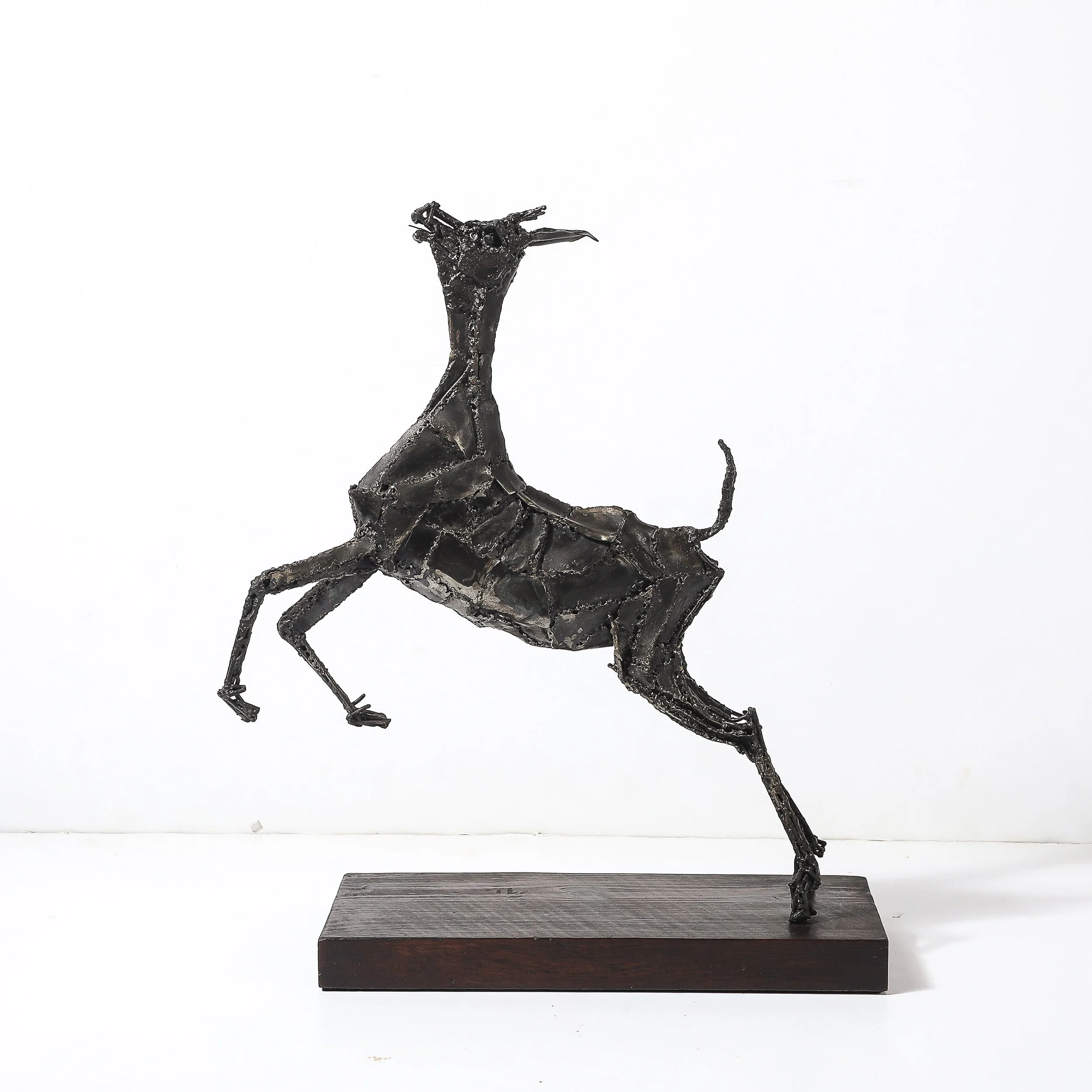 Mid-Century Brutalist Welded Bronze Sculpture of a Leaping Goat on